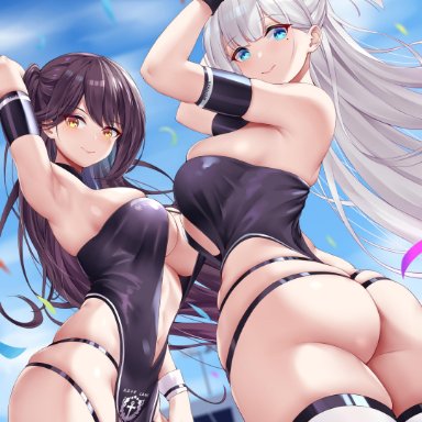 2girls, arm strap, armpits, arms up, ass, azur lane, black gloves, blue eyes, blue sky, blurry, breasts, brown legwear, center opening, chitu hefeng zhong, criss-cross halter