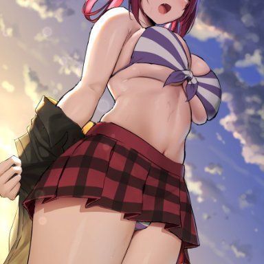 big breasts, bikini, bikini under clothes, fang, gabriel dropout, kurumizawa satanichia mcdowell, looking at viewer, looking down, navel, pantyshot, skirt, striped, striped bikini, sweat, swimsuit