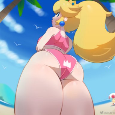 1girls, ass, big ass, female, female only, looking at viewer, looking back, mario (series), one-piece swimsuit, princess peach, solo, somescrub, super mario bros., swimsuit, thick thighs