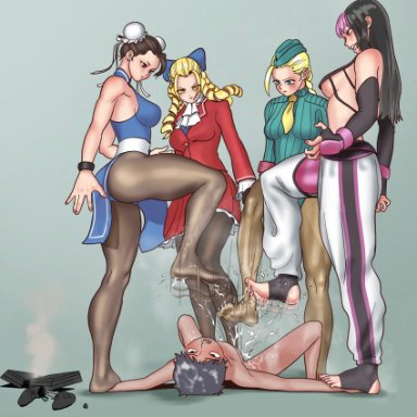 1boy, 4girls, ballbusting, cammy white, cbt, chun-li, clothed female nude male, evil grin, feet, female, femdom, held down, juri han, karin kanzuki, kicking