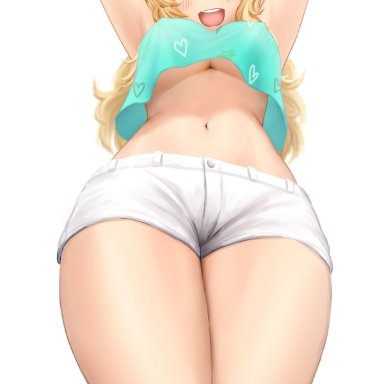 1girls, arms up, bare legs, blonde hair, blue eyes, blush, breasts, crop top, eyebrows visible through hair, female only, from below, gyaru, happy, highres, idolmaster