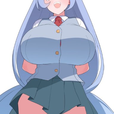 1girls, akitokage, big breasts, blue eyes, blue hair, blush, breasts bigger than head, eye contact, female, hadou nejire, huge breasts, large breasts, long hair, looking back, looking down