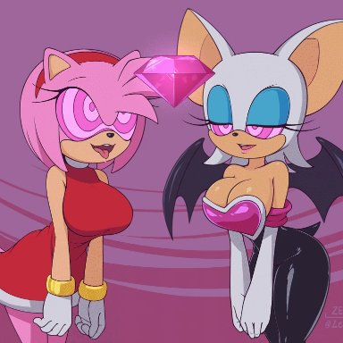 2girls, amy rose, animated, big breasts, breasts, chaos emerald, cleavage, female, female only, hypnosis, large breasts, mind control, open mouth, rouge the bat, sonic (series)