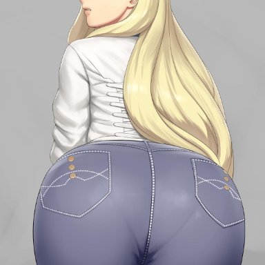 1girls, angry, ass, ass focus, big ass, blonde hair, blue eyes, blush, denim, female only, french, grey background, highres, huge ass, jeans