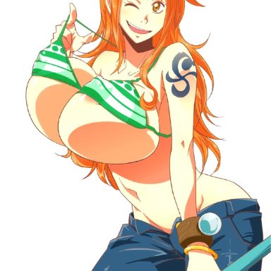 bangs, big breasts, female, female only, long hair, mature female, nami, nipples, one piece, orange hair, solo, solo female, solo focus, sunahara wataru