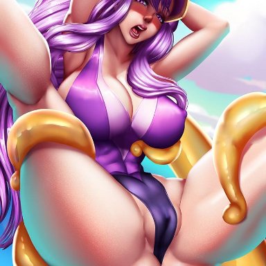 adapted costume, bondage, huge breasts, league of legends, lord dominik, one piece swimsuit, pool party syndra, purple eyes, purple hair, restrained, spread legs, swimsuit, syndra, tentacle, visor cap