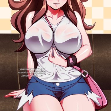 1girls, bag, big breasts, blue eyes, brown hair, curvy figure, eye contact, female, hat, hilda (pokemon), human, jadenkaiba, large breasts, looking at viewer, minishorts