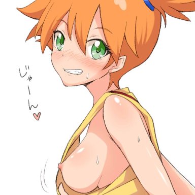 areola, blush, breasts, clenched teeth, ekusu delusion, embarrassed, female, flashing, green eyes, heart, human, kasumi (pokemon), nintendo, nipples, no bra