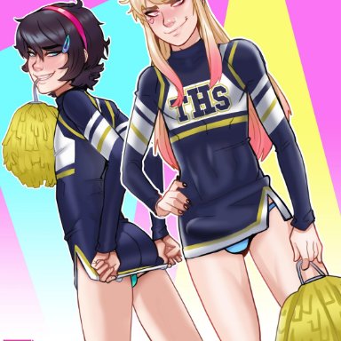 2boys, alexis (andava), andava, black hair, blonde hair, cheerleader, cheerleader uniform, femboy, girly, hat, jade (dross), male focus, male only, penis under clothes, trap