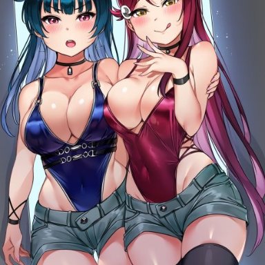 2girls, bare shoulders, bikini, black legwear, blue bikini, blue hair, blush, bracelet, breast press, breasts, choker, cleavage, female, hair bun, heart