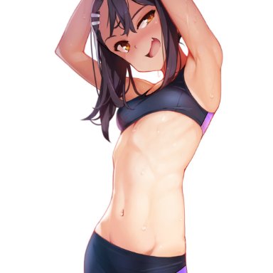 :d, absurdres, armpits, arms up, ataruman, bike shorts, black hair, blush, breasts, commentary request, female, gesugao, groin, hair ornament, hairclip