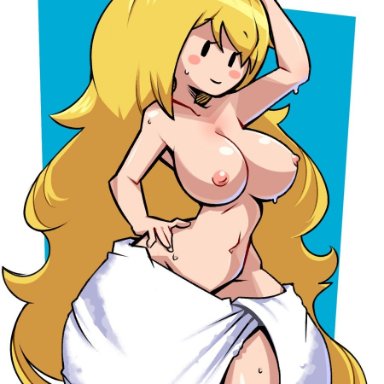 adventure time, after shower, blonde hair, blue background, blush, breasts, cartoon network, coffeelot, dripping, fionna the human girl, hand on hip, large breasts, long hair, looking at viewer, nipples