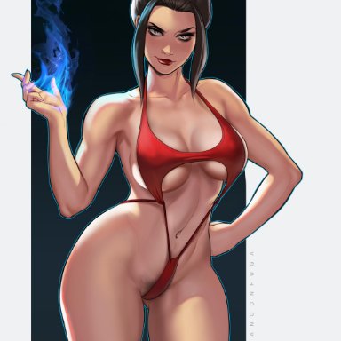 avatar the last airbender, azula, big breasts, breasts, brown hair, cleavage, clothed, dandon fuga, fire, looking at viewer, pubic hair, swimsuit, yellow eyes