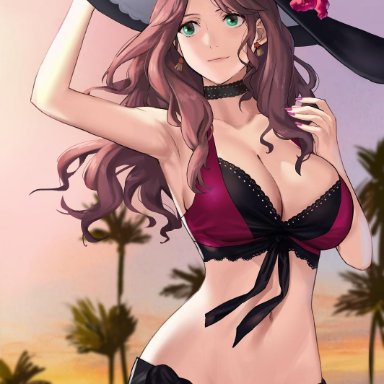 [email protected], 1girl, 1girls, armpits, beach, big breasts, bikini, black bikini, black swimsuit, brown hair, choker, cleavage, dorothea (fire emblem), dorothea arnault, earrings