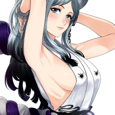 armpits, blue hair, blush, breasts, horn, horns, lips, one piece, red cheeks, xter, yamato (one piece)