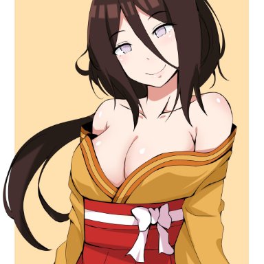 1girls, bare shoulders, border, boruto: naruto next generations, breasts, brown hair, cleavage, collarbone, hair between eyes, hakama, hyuuga hanabi, japanese clothes, kimono, large breasts, long hair