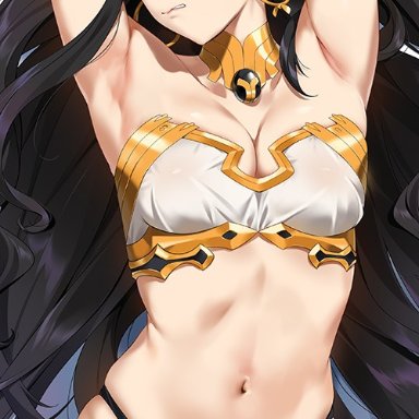 1female, arm bracelets, armpits, arms up, black hair, black panties, blush, body pillow, breasts, divine slut, earrings, embarrassed, fate (series), fate/grand order, female