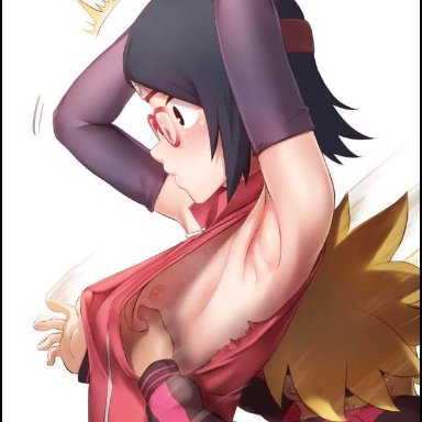 1boy, 1girls, accidental exposure, areolae, arms up, artist request, black eyes, black hair, blush, boruto: naruto next generations, breast grab, breasts, clothing, falling, female