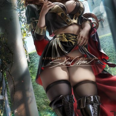1girls, boots, bra, brown hair, detailed background, dorothea (fire emblem), dorothea arnault, female, fire emblem, fire emblem: three houses, green eyes, lifted by self, lingerie, lips, looking at viewer