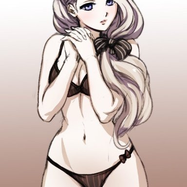 1girls, bare arms, belly, blonde hair, blue eyes, bow, cleavage, female, fire emblem, fire emblem: three houses, hands folded, long hair, looking at viewer, mercedes (fire emblem), mercedes von marltritz