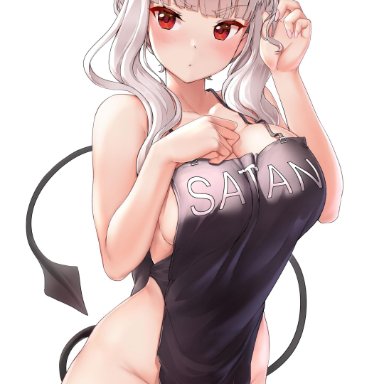 apron, apron only, blush, breasts, clothing, demon, demon girl, helltaker, horn, lucifer (helltaker), mostly nude, oxenia, red eyes, simple background, tail