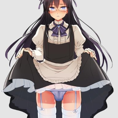 1boy, bulge, crossdressing, femboy, garter belt, garter straps, girly, long hair, maid, male focus, male only, panties, penis in panties, shira skk, skirt lift