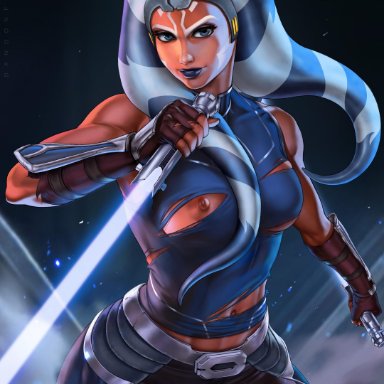 1girls, ahsoka tano, alien, alien girl, big breasts, blue eyes, blue lightsaber, breasts, clone wars, clothed, dandon fuga, exposed breasts, exposed nipples, exposed pussy, female