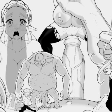 1boy, 1girls, breasts bigger than head, broken rape victim, empty eyes, huge breasts, long hair, maruzyrukun, princess zelda, rape, ridiculous fit, stomach bulge, the legend of zelda, thick thighs