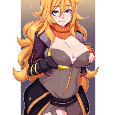 5-ish, big breasts, blonde hair, female, female only, long hair, prosthetic, prosthetic arm, purple eyes, robotic arm, rwby, smile, solo, solo female, solo focus