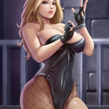 1girls, big breasts, birds of prey, black canary, breasts, cleavage, dc, female, female only, flowerxl, large breasts, looking at viewer, solo, thick thighs, wide hips