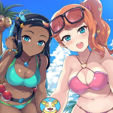 2girls, alolan exeggutor, ambiguous gender, big breasts, bikini, blue eyes, blush, dark skin, dark-skinned female, earrings, eye contact, female, glasses, hair ornament, human