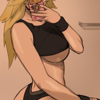 1girls, alternate costume, alternate eye color, alternate hairstyle, ass, big ass, big butt, blonde hair, butt, eyes, eyes half open, female, female focus, green eyes, human