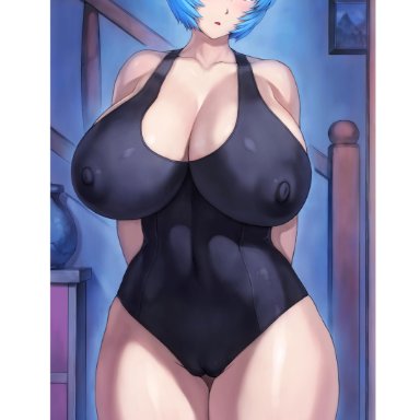 big breasts, expressionless, female, female only, light blue hair, mogudan, neon genesis evangelion, nipples, nipples visible through clothing, red eyes, rei ayanami, short hair, solo, solo female, solo focus