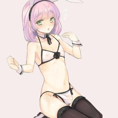 1boy, bikini, bunnysuit, femboy, girly, kneeling, male focus, male only, rabbit ears, shira skk, solo, tagme, trap