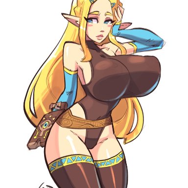 1girls, big breasts, breasts, cleavage, female, female only, gerph, huge breasts, large breasts, nipples visible through clothing, princess zelda, solo, the legend of zelda, thighhighs