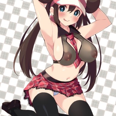 :p, 1girls, areolae, armpits, big breasts, black thighhighs, blue eyes, blush, brown hair, double bun, eye contact, female, hat, human, long hair