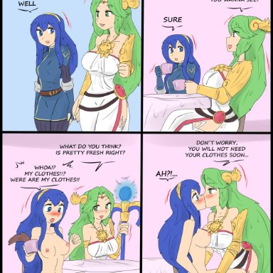 2girls, clothed female nude female, comic, crossover, female only, fire emblem, fire emblem: awakening, kid icarus, kissing, lucina, magic, palutena, removed clothing, super smash bros., suprised