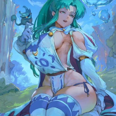 1girls, ass, boots, breasts, bubble, curvaceous, cutesexyrobutts, detailed background, elbow gloves, female, female only, female solo, gloves, golden sun, grass