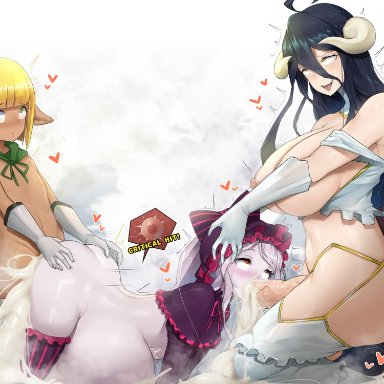 albedo (overlord), cum, cum in mouth, cum in pussy, dark elf, double penetration, elf, excessive cum, fellatio, futa on female, futa with male, futanari, impregnation, inflation, mare bello fiore