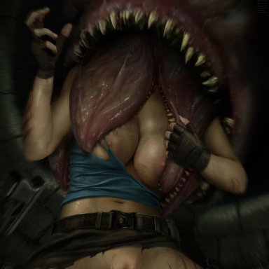 1monster, areolae, big breasts, breasts, capcom, clothing, cuts, dirty, female, female only, game over, highres, human, hunter gamma, jill valentine