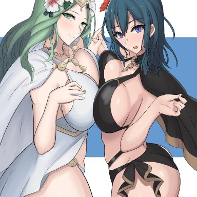 2girls, artist request, ass, big breasts, black swimsuit, blue eyes, blue hair, breasts, byleth (female), byleth (fire emblem), cape, female only, fire emblem, fire emblem heroes, fire emblem: three houses