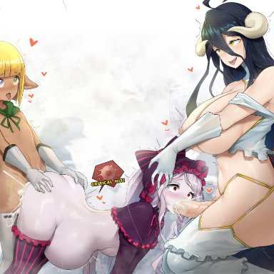 albedo (overlord), big breasts, big penis, cum, cum dumpster, cum in mouth, cum in pussy, cum inside, dark elf, double penetration, elf, fellatio, female, fuckmeat, futa on female