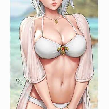 1girls, beach, bianca (sciamano240), bikini, bra, breasts, cleavage, female, female only, panties, red eyes, sciamano240, short hair, solo, thick thighs