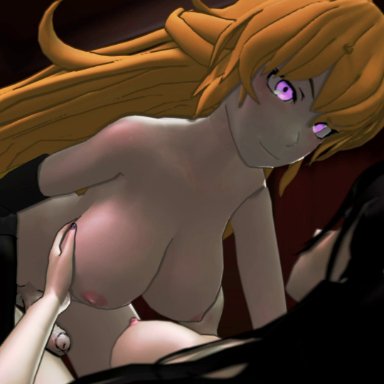 1futa, 1girl, 3d, animated, black hair, blake belladonna, blonde hair, feet, female, fingering, futa on female, futanari, large breasts, nude, prosthetic