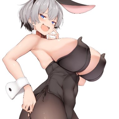 1girls, ass, big ass, big breasts, black pantyhose, blue eyes, bunny ears, bunnysuit, female, grey hair, huge breasts, huge thighs, karatakewari, large breasts, pale skin