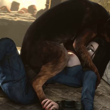 1boy, 1girls, 3d, animated, areolae, bioshock, bioshock infinite, blonde hair, bouncing breasts, breasts, breasts out, canine, dog, dogmeat, duo