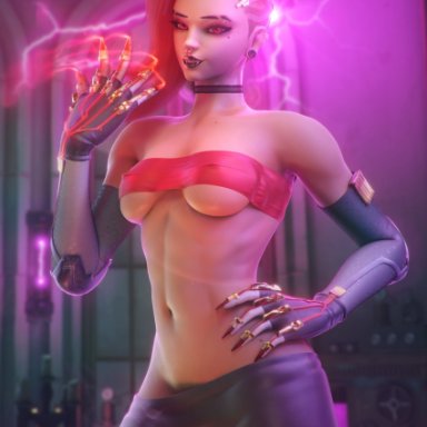 overwatch, red eyes, red hair, sombra, video game