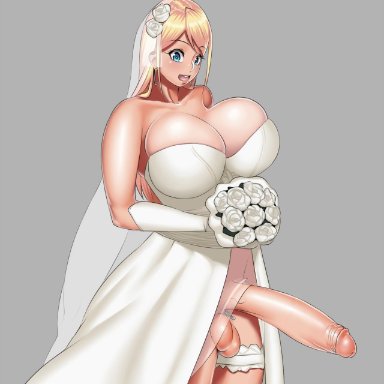 1futa, ageha (burakku-ra), ball piercing, balls, big breasts, bimbo, blonde hair, blue eyes, bouquet, breasts, bridal gauntlets, bride, bride gown, burakku-ra, bursting breasts