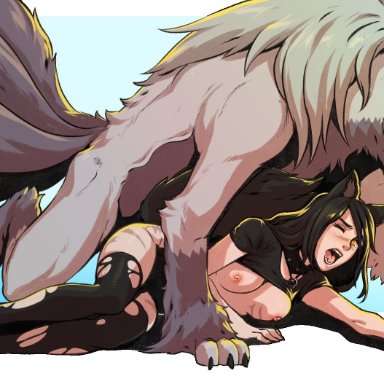 2020, ambiguous penetration, animal humanoid, black hair, breasts, canid, canid humanoid, canine, canine humanoid, canis, clothing, d-rex, demon, digital media (artwork), duo