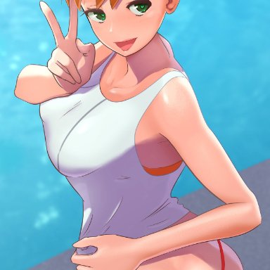 ass, covered breasts, dat ass, green eyes, heart-shaped pupils, human, humans of pokemon, kasumi (pokemon), kuroshiki, nintendo, orange hair, pokemon, pokemon let's go, tatoo, v